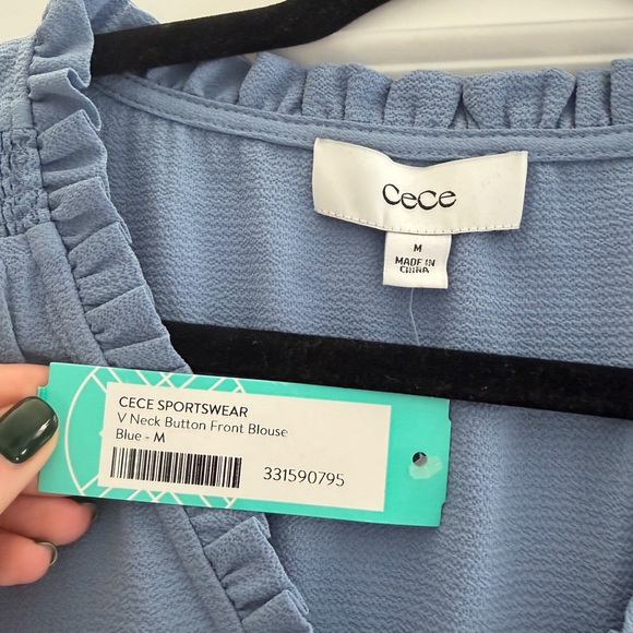 CeCe Blue Ruffle Button-Up Blouse - Picture 2 of 6